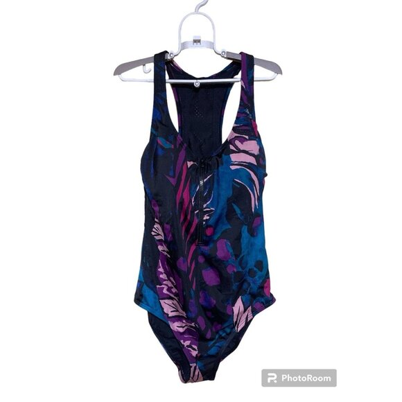 All in Motion Swimsuit One Piece Small Zip-Front Racerback Multicolor - Picture 3 of 10